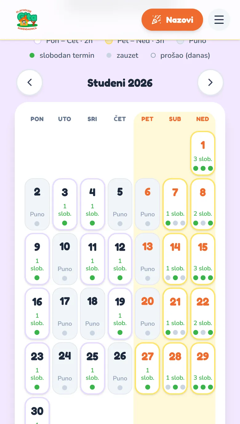 Calendar for November on a phone, each day marked with its number of free slots or as full