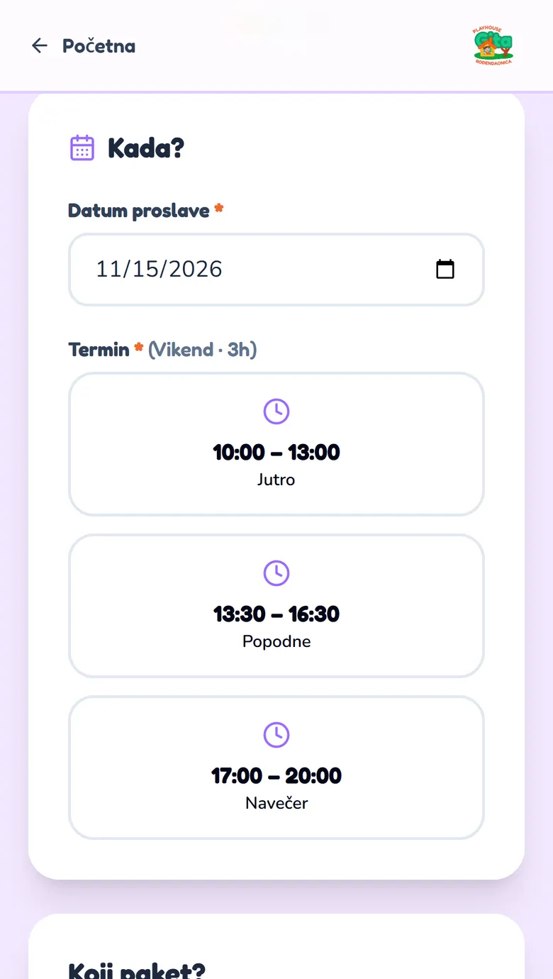 Booking page on a phone with the date filled in and three time slots to choose from