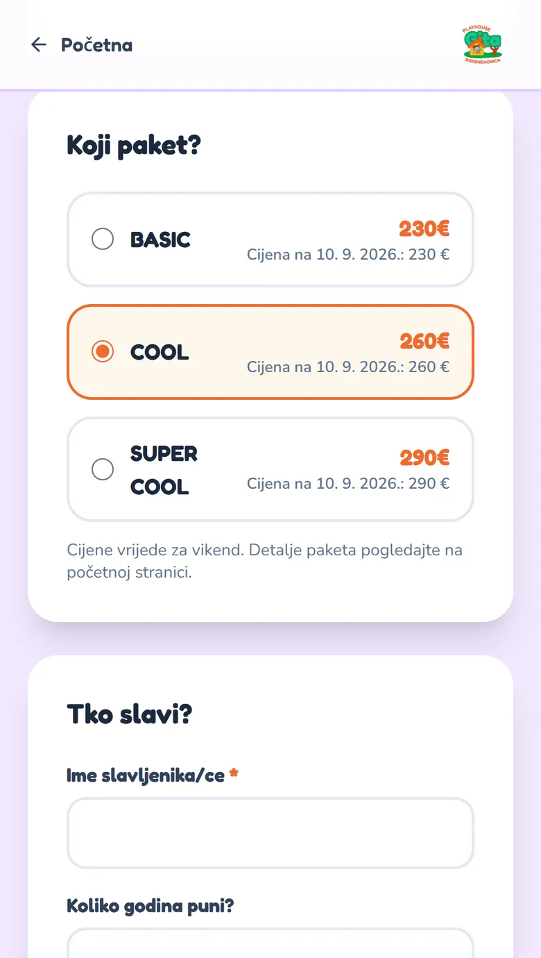 Booking page on a phone with three party packages and their prices