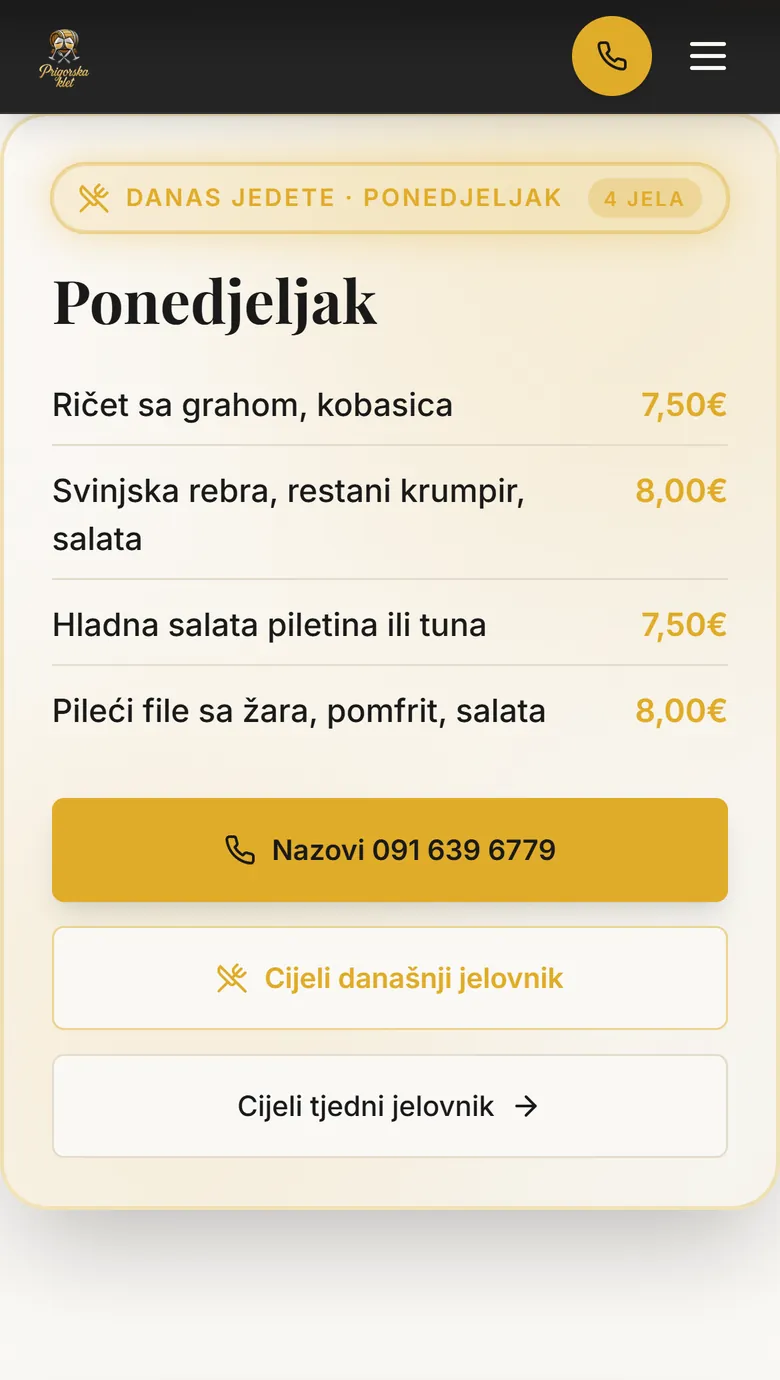 Današnji gablec na mobitelu, četiri jela s cijenama i gumb za poziv restoranu