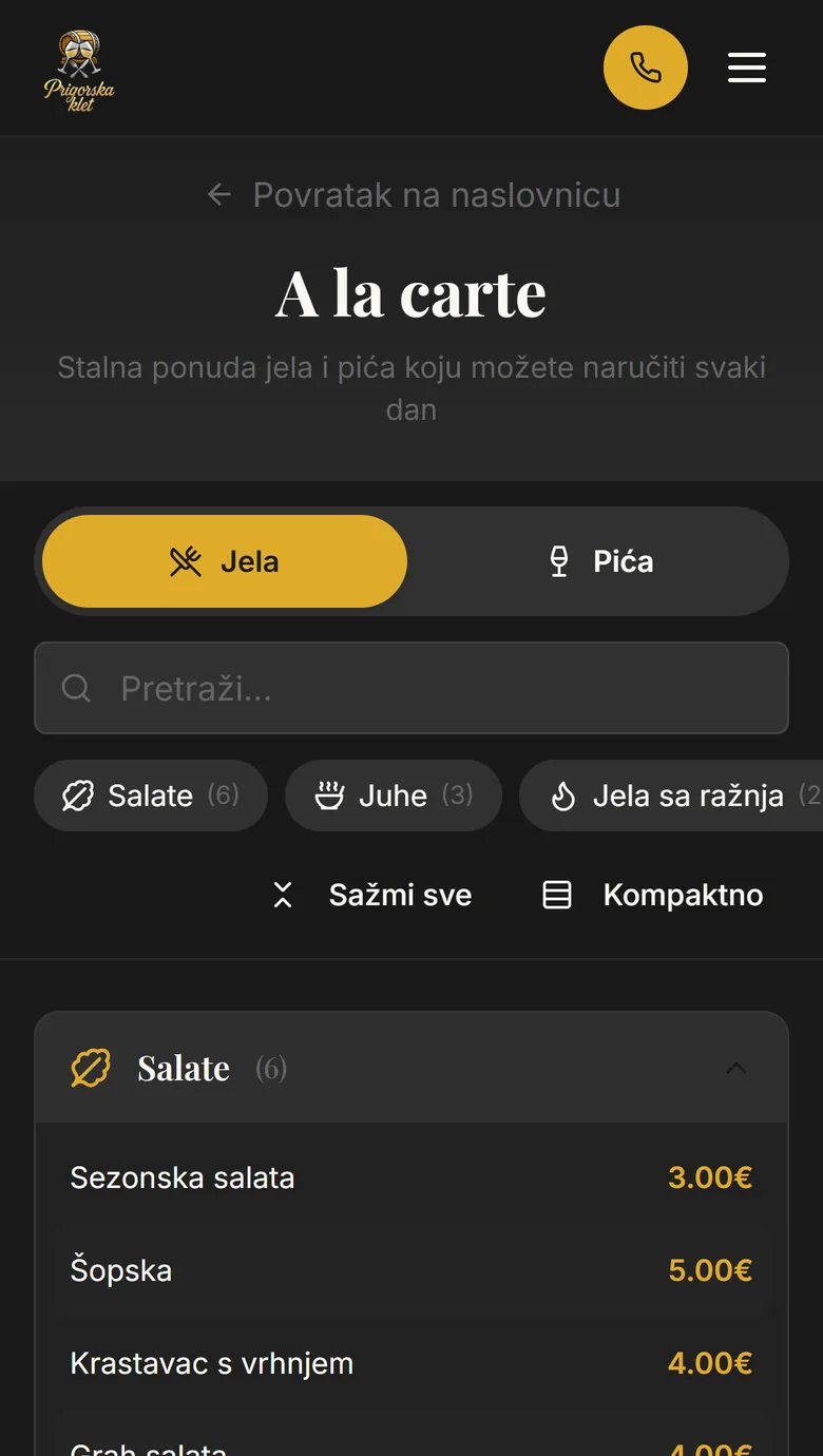 Cijeli jelovnik na mobitelu s pretraživanjem, kategorijama i cijenama