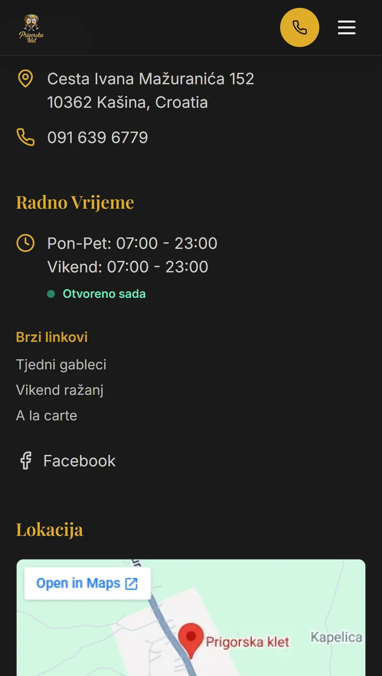 Kontakt na mobitelu s adresom, brojem telefona, radnim vremenom i kartom
